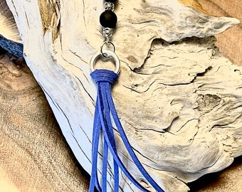 Blue Tassel Drop Necklace with Black and Silver Beading and Black Leather | Country Chic | Bohemian Jewelry | Natural Necklace