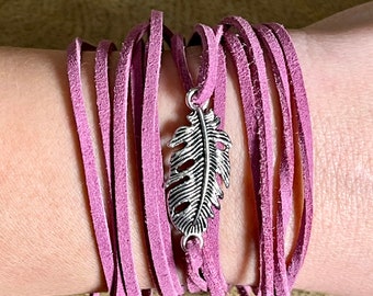 Purple Infinity Wrap Bracelet with Faux Suede And Feather | Boho Inspired | Country Chic | Handmade Natural Jewelry