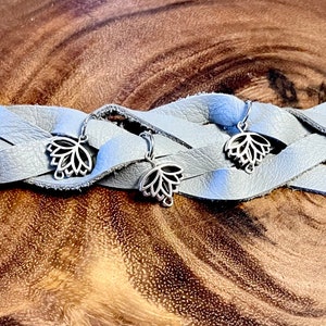 Gray Leather Infinity Braided Cuff Bracelet with Lotus Charms Natural Jewelry Bohemian Style Lotus Flower Jewelry Soft Leather image 3