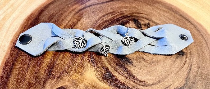 Gray Leather Infinity Braided Cuff Bracelet with Lotus Charms Natural Jewelry Bohemian Style Lotus Flower Jewelry Soft Leather image 3