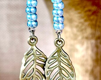 Beaded Bronze Leaf Dangle Earrings | Boho Jewelry | Country Jewelry | Blue Teal Bronze | Gifts | Leaf Jewelry | Natural Jewelry |