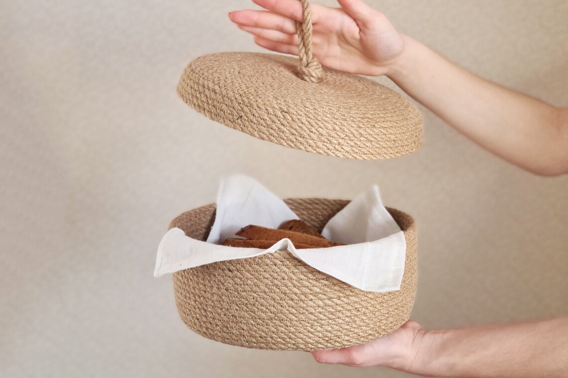 Jute bread basket with lid Kitchen storage Storage basket Etsy