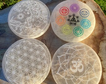 Selenite Discs: Flower, Tree, Om, Chakra Designs – Water Energizing, Crystal Charging