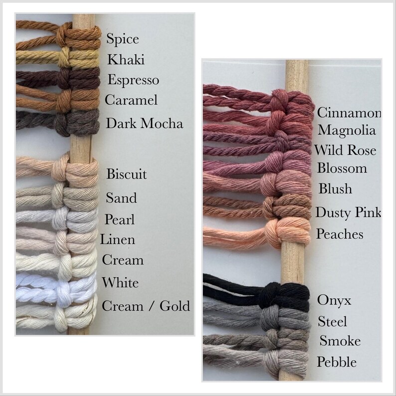 May include: A color chart of 20 different colors of yarn, with the names of each color listed next to the yarn sample. The colors range from dark brown to light cream, and include shades of pink, red, and gray.