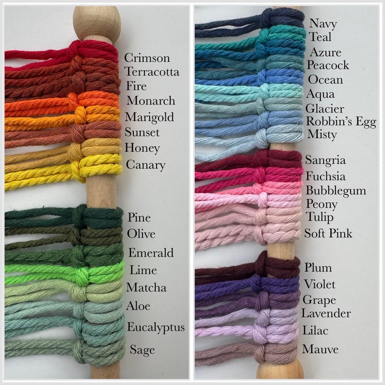 May include: A close-up of two wooden dowels with rows of colorful cotton cords tied in knots. The cords are labeled with color names, including Crimson, Terracotta, Fire, Monarch, Marigold, Sunset, Honey, Canary, Pine, Olive, Emerald, Lime, Matcha, Aloe, Eucalyptus, Sage, Navy, Teal, Azure, Peacock, Ocean, Aqua, Glacier, Robbin's Egg, Misty, Sangria, Fuchsia, Bubblegum, Peony, Tulip, Soft Pink, Plum, Violet, Grape, Lavender, Lilac, and Mauve.