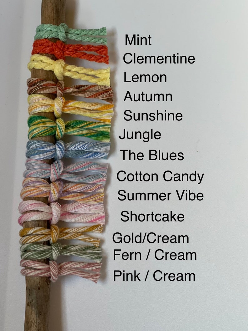 Puede incluir: Primer plano de una varilla de madera con 14 colores diferentes de cord&oacute;n envueltos alrededor. Los cordones est&aacute;n etiquetados con nombres como "Menta", "Clementina", "Lim&oacute;n", "Oto&ntilde;o", "Sol", "Jungla", "Los Blues", "Algod&oacute;n de az&uacute;car", "Ambiente de verano", "Pastel de queso", "Oro/Crema", "Helecho/Crema" y "Rosa/Crema".
