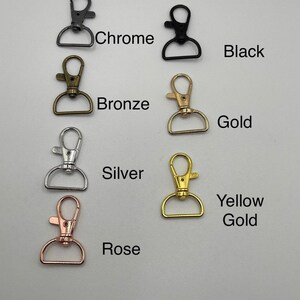 May include: Assortment of metal swivel clasps in various finishes, including chrome, black, bronze, gold, silver, rose gold, and yellow gold.