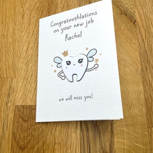 Personalised dental new job card, leaving card for dental nurse, dentist, dental hygienist, dental therapist, dental technician, retirement
