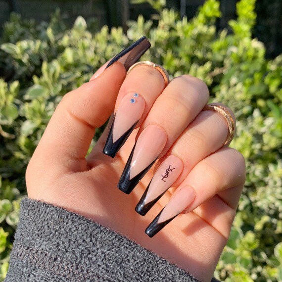 Glossy Black V French Tip Press On Nails Etsy