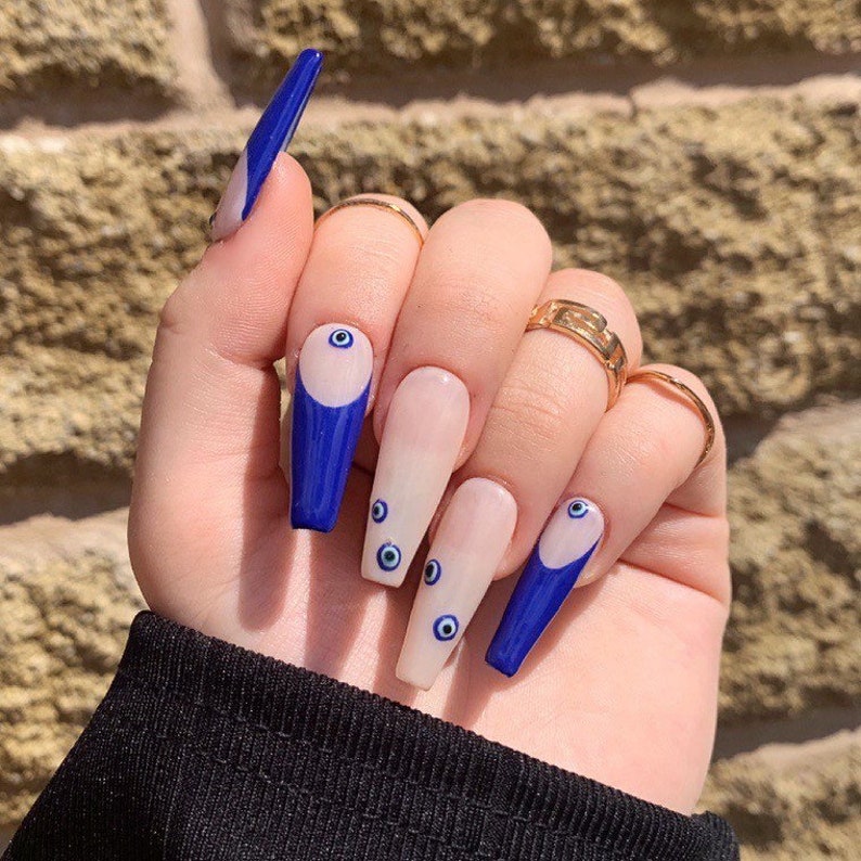 Evil Eye Blue French Tip Press on Nails | Etsy