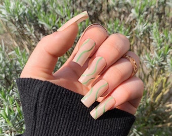 Green Swirl Abstract Lines Press On Nails | Hand Painted Reusable Gel Nails