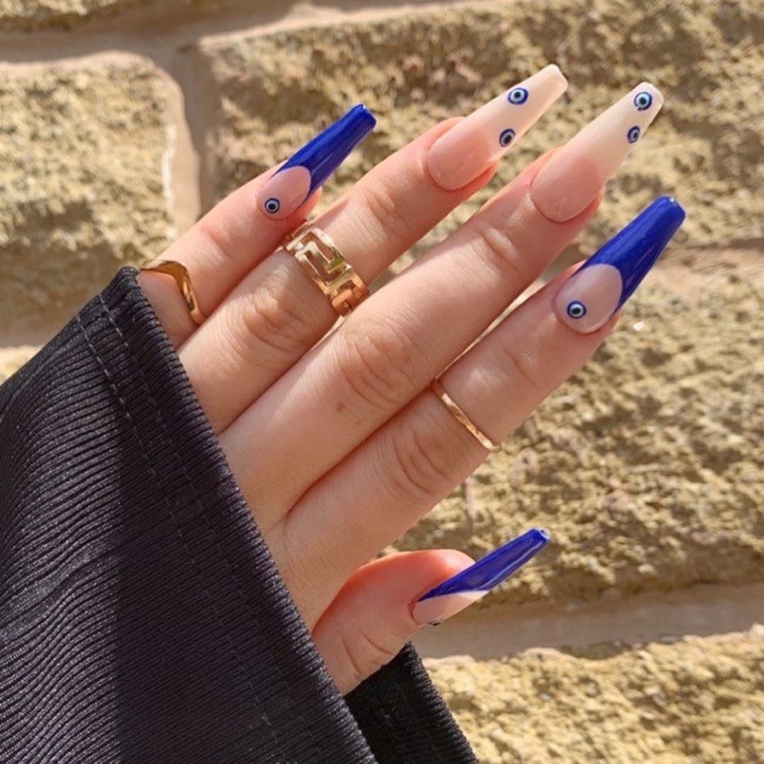 Evil Eye Blue French Tip Press on Nails - Etsy