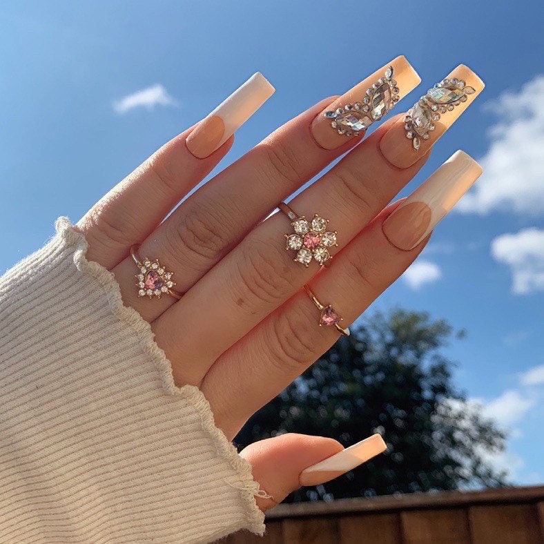 White French Tip Nails & Butterfly Gems Press On Nails Etsy