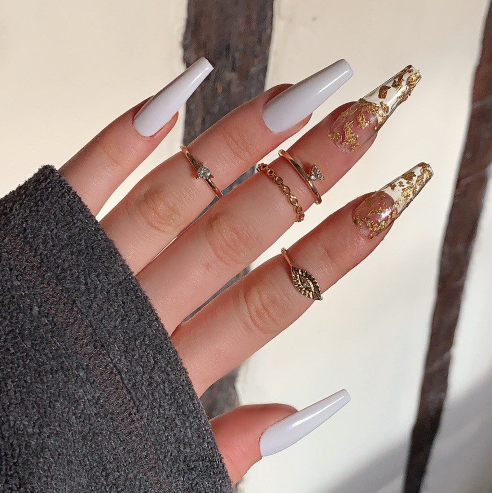 White & Gold Foil Press On Nails Etsy