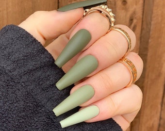 Olive Khaki Green Gradient Press On Nails | Hand Painted Reusable Gel Nails