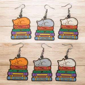 Cats and Books Hand Painted Wood Dangle Earrings, Hypoallergenic Statement earrings, Gifts for Readers, Bookish Jewelry