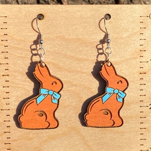 Chocolate Easter Bunny Hand Painted Wood Dangle Earrings, hypoallergenic, statement earrings, gifts for her, Rabbit Earrings