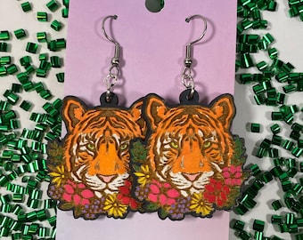Bengal Tiger Hand Painted Wood Earrings, Safari Style, Hypoallergenic Jewelry, Zoo Animal Earrings, Gift for Her