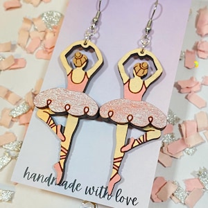 Whimsical Ballerina Dangle Earrings - Hand Painted Wood, Dance Mom Gift, Lightweight Jewelry, Gifts for Her