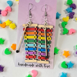 Xylophone Hand Painted Wood Dangle Earrings, Hypoallergenic, teacher statement earrings, Teacher Gifts, Music Teacher Earrings