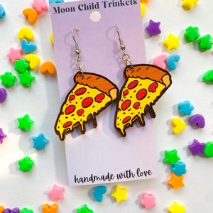 Pepperoni Pizza Hand Painted Wood Dangle Earrings, Hypoallergenic, food lover statement earrings