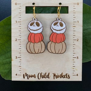 Halloween Jack-o-lantern Stacked Pumpkins Hand Painted Wooden Huggie Hoop Back Dangle Earrings,  hypoallergenic,  statement earrings