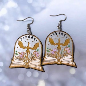 Dragon Book Hand Painted Wood Dangle Earrings, Hypoallergenic Statement earrings, Gifts for Fantasy Readers, Bookish Earrings