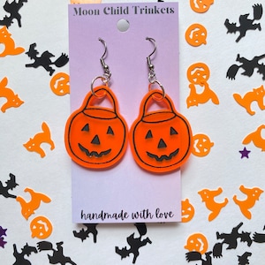 Pumpkin Bucket Hand Painted Acrylic Dangle Earrings, hypoallergenic, statement earrings, Halloween Earrings, nostalgia earrings, UV reactive
