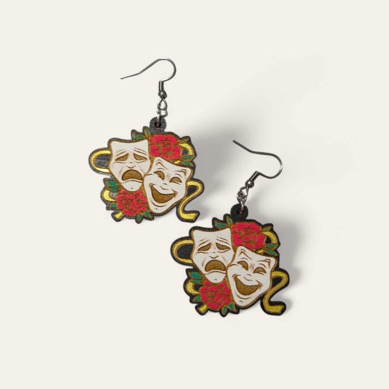 Comedy and Tragedy Theater Masks Hand Painted Wood Dangle Earrings ...