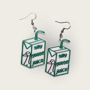 Silly Goose Juice Hand Painted Acrylic Dangle Earrings, Funny Earrings, Hypoallergenic Unique Earrings, Gifts for her, Meme Gift