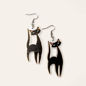 Atomic Cat Hand Painted Wood Dangle Earrings, Hypoallergenic Statement earrings, Unique Novelty Gifts, Retro Jewelry, Rockabilly Style