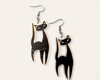 Brincos pendurados de madeira pintados à mão com o gato atômico, brincos hipoalergênicos, presentes exclusivos e inovadores, joias retrô, estilo rockabilly
