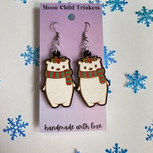 Christmas Polar Bear Hand Painted Wooden Drop Earrings, hypoallergenic earrings, statement earrings, Gifts for Her