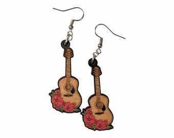 Acoustic Guitar Hand Painted Wood Dangle Earrings, Hypoallergenic Statement Earrings, Music Teacher Gifts, Musician Earrings