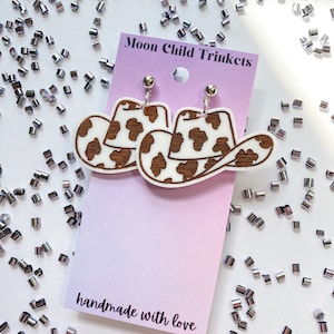 Brown Cow Print Cowboy Hat Acrylic Earrings, Hypoallergenic, statement earrings, western earrings, country earrings, Rodeo Style