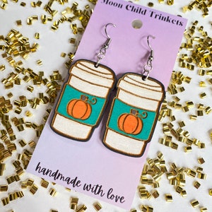 Pumpkin Spice Coffee Hand Painted Wood Dangle Earrings, statement earrings, Halloween Earrings, unique earrings
