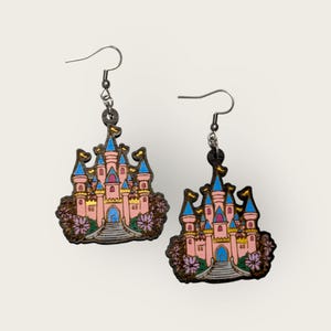 Fairy Tale Castle Hand Painted Wooden Dangle Earrings, Hypoallergenic, Statement Novelty Earrings, Princess Earrings