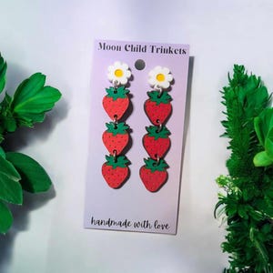 Whimsical Strawberry Earrings, Hand Painted, Fruit Earrings, Hypoallergenic, statement earrings, Summer Outfit Inspo, Daisy Studs