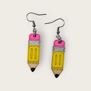 Pencil Hand Painted Wood Dangle Earrings, Hypoallergenic, teacher statement earrings, teacher gift