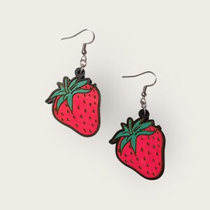 Strawberry Earrings, Hand Painted Wood Dangle Earrings, Fruit Earrings, Hypoallergenic, statement earrings, Summer Earrings , Handmade