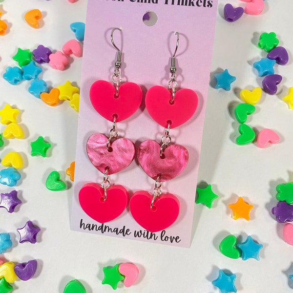 Tiered Pink Heart Acrylic Dangle Earrings, hypoallergenic earrings, statement earrings, Gifts for Her, Gifts for mom