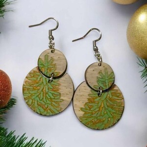 Fir Trees Winter Christmas Dangle Earrings, hypoallergenic earrings, statement earrings, Gifts for Her, Hand Painted Wood