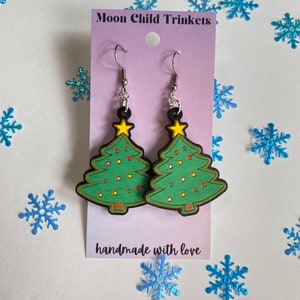Christmas Tree Hand Painted Wooden Drop Earrings, hypoallergenic earrings, statement earrings, Gifts for Her