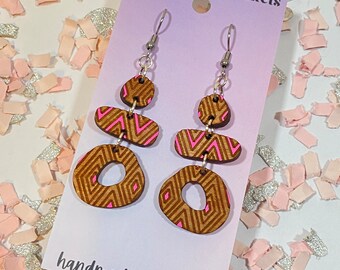 Chevron Hot Pink Geometric Abstract Shaped Wood Dangle Earrings, Retro Style Earrings, Lightweight Hand Painted, Gifts for her