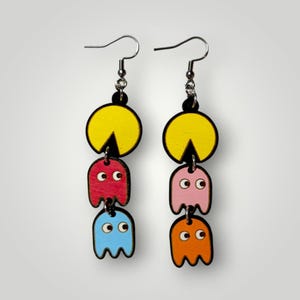 Retro Arcade Ghost Chase Earrings, Hand Painted Wood Statement Jewelry, 80s Video Game Gift, Ghost Earrings for Gamer Girls, Nostalgia Gift