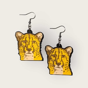 Cheetah Hand Painted Wood Dangle Earrings, Zoo Animal Earrings, Hypoallergenic, Unique Earrings, Gifts for her