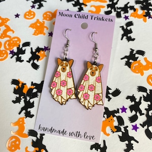 Ghost Dog Pointy Ear Hand Painted Wood Dangle Earrings, statement earrings, Halloween Earrings, unique earrings
