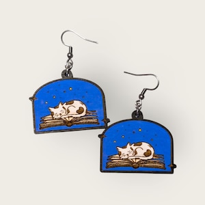 Sleepy Cat on Book Hand Painted Wood Dangle Earrings, Hypoallergenic Statement earrings, Gifts for Readers, Bookish Jewelry