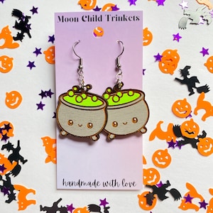 Witches Brew Cauldron Hand Painted Wood Earrings, statement earrings, Halloween Earrings, unique earrings