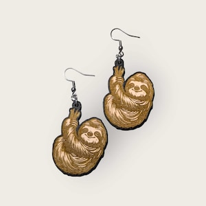 Cute Sloth Hand Painted Wood Dangle Earrings, Zoo Animal Earrings, Hypoallergenic, Unique Earrings, Gifts for her